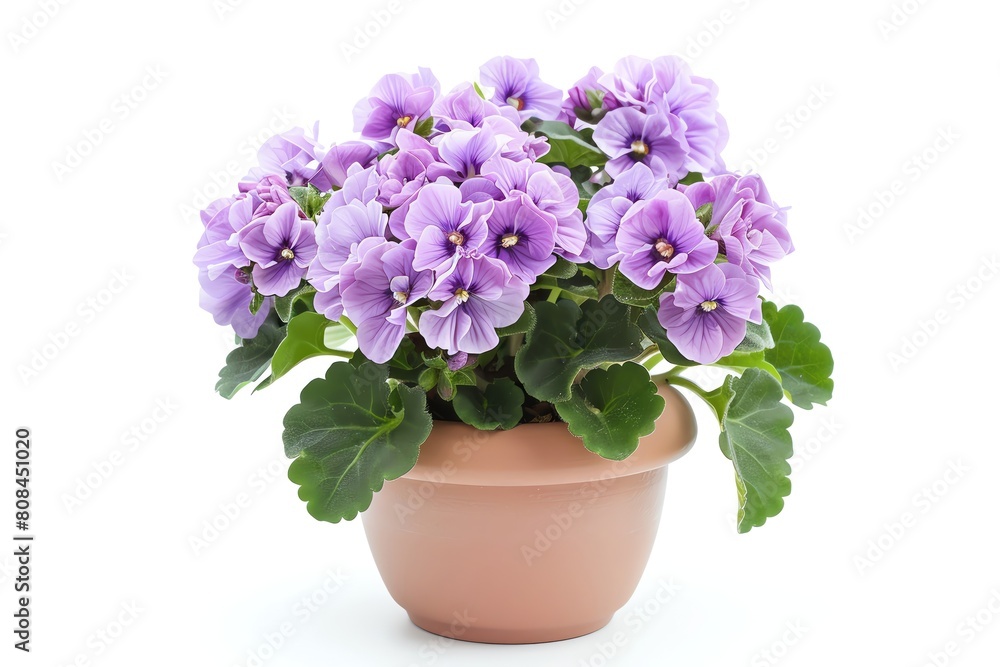 An African violet with soft purple blooms in a small lilac pot, isolated on a white background An African violet with soft purple blooms in a small lilac pot, isolated on a white background