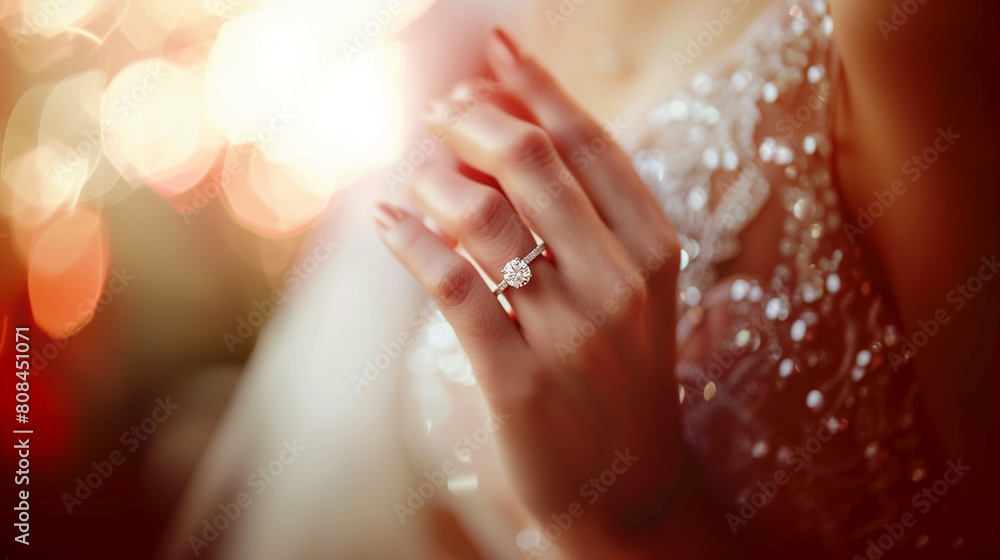 The bride's hand with a large diamond engagement ring in close-up. A diamond engagement ring.