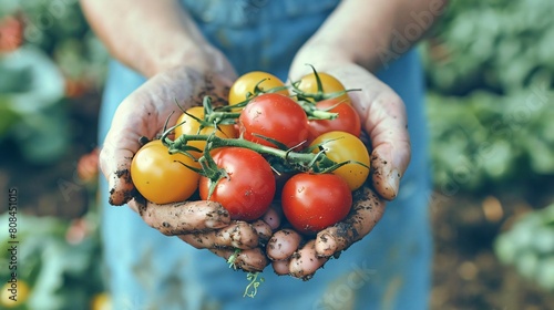A closeup of hands holding a handful of fresh produce from a local farmers market