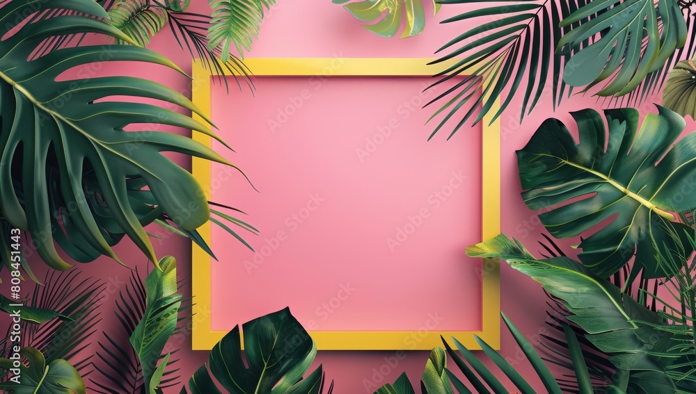 Minimalist pink and yellow background with square blank box surrounded by tropical leaves. Minimalist pink and yellow background with square blank box surrounded by tropical leaves.
