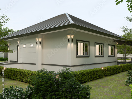 3D Rendering One story contemporary house of Thai style with parking and natural scenery background. photo