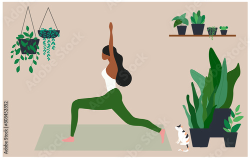 Healthy woman doing yoga exercise at home vector illustration. Healthy lifestyle, stay home, stay healthy concept