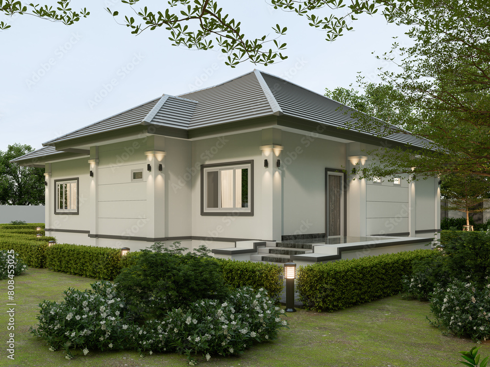 3D Rendering One story contemporary house of Thai style with parking and natural scenery background. 3D Rendering One story contemporary house of Thai style with parking and natural scenery background.