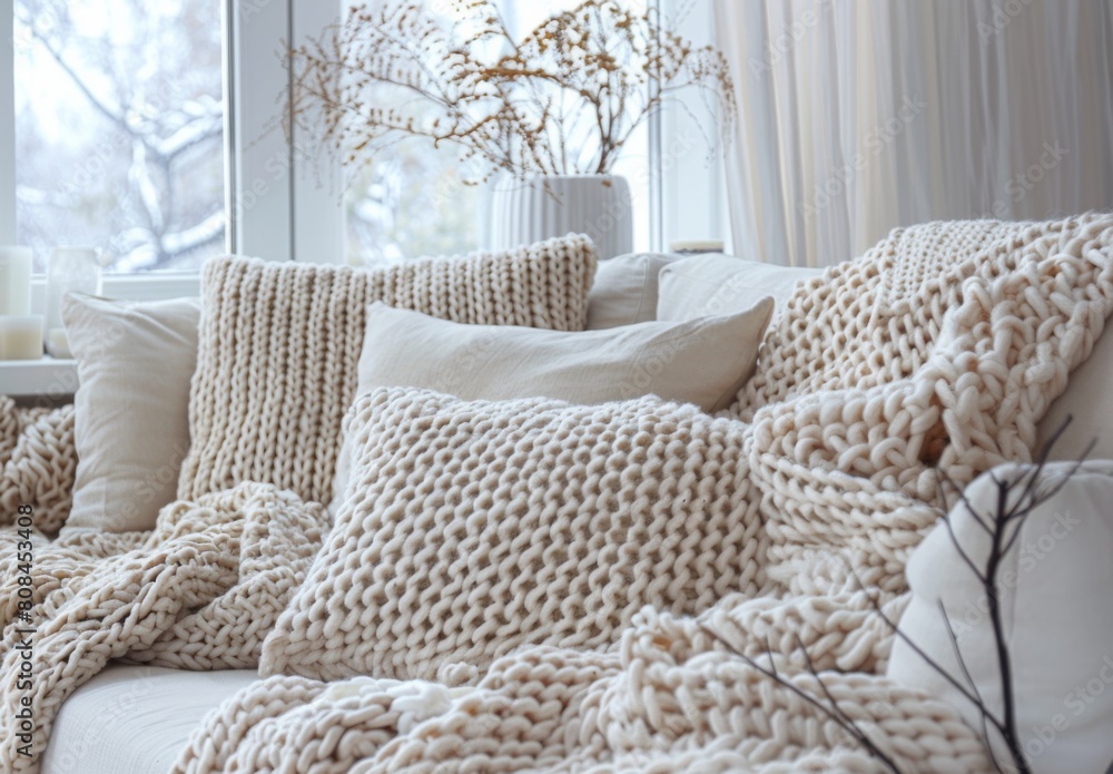 Beige sofa with white pillows and blanket made of knitted woolen yarn in the style Beige sofa with white pillows and blanket made of knitted woolen yarn in the style