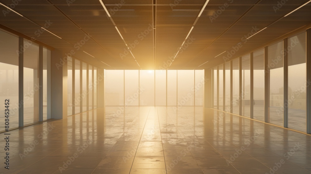 The open space of the office is empty and dim. Abstract light effect on interior background The open space of the office is empty and dim. Abstract light effect on interior background