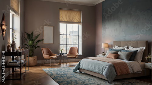 Modern bedroom interior design. 3D render. Bedroom with brown walls and blue carpet