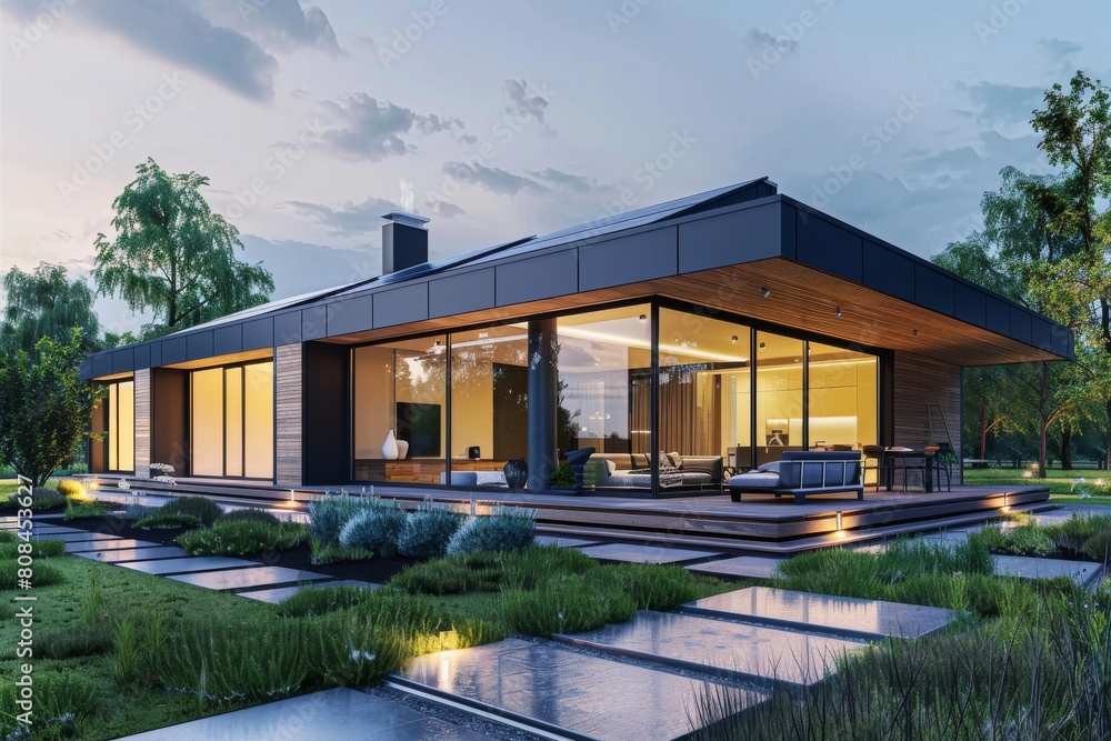 Photovoltaic panels on the roof of a modern house, photorealistic, sunlight, in the style of high resolution photography. Photovoltaic panels on the roof of a modern house, photorealistic, sunlight, in the style of high resolution photography.