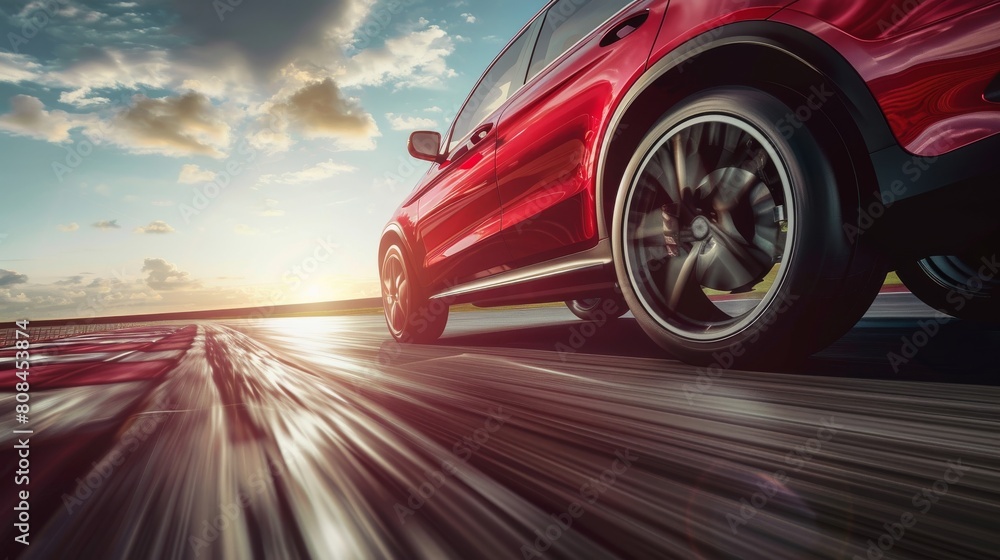 Red SUV car on asphalt road with beautiful sky and sun, closeup of wheels and spinning tires in motion. Red SUV car on asphalt road with beautiful sky and sun, closeup of wheels and spinning tires in motion.