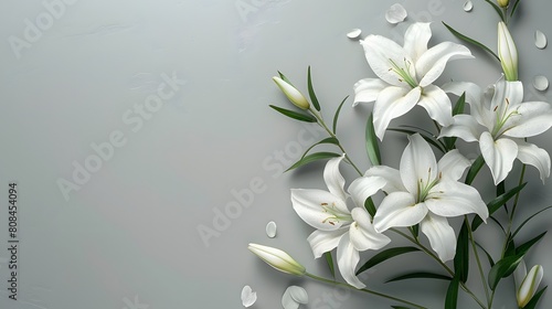 Elegant white lily flowers on a light grey background with copy space for text