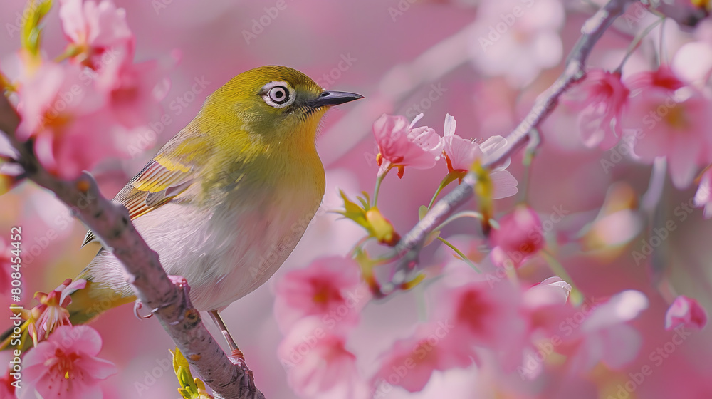 A vibrant Japanese White-eye bird sits gracefully among soft pink cherry blossoms, signaling spring.