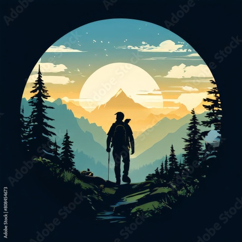 hiking success silhouette in mountains sunset