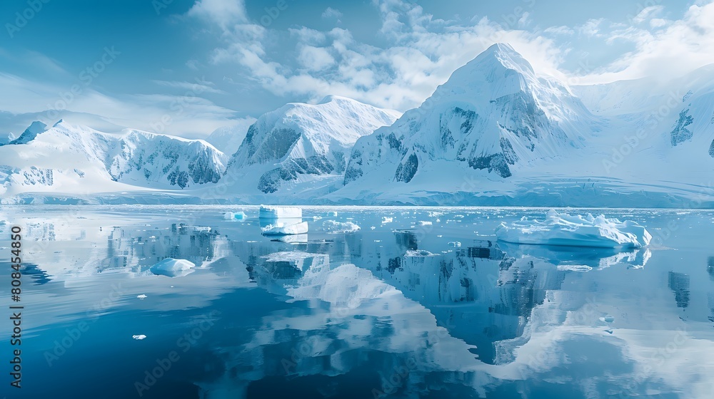 Antarctica with icebergs and snowcovered mountains, reflections in the water, light blue color theme.