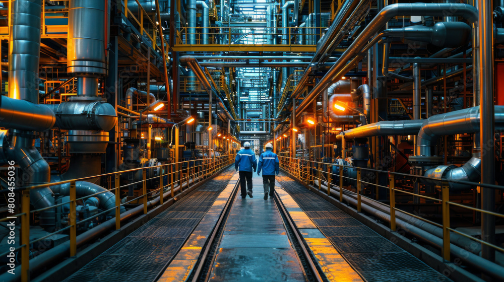 Obraz premium Two engineers in safety gear walk through the complex infrastructure of a busy chemical processing plant.