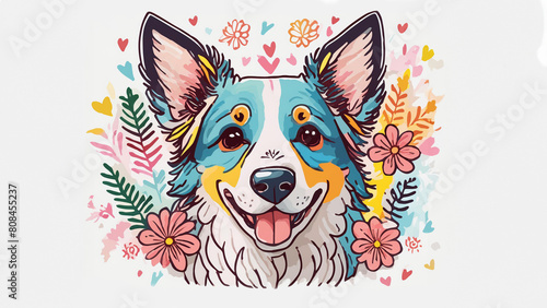 sheepdog in colorful floral rainbow wallpaper background