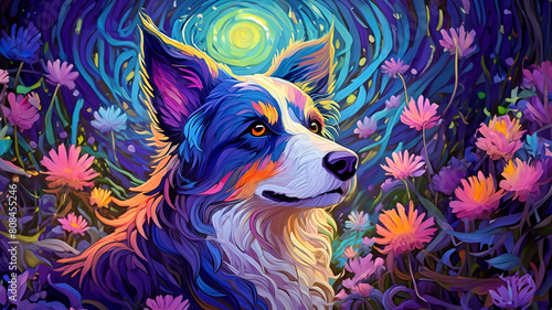 pretty border collie colorful painting with flowers wallpaper background