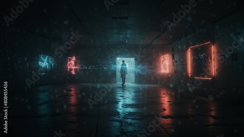 A woman walking in a dark underground passage at night