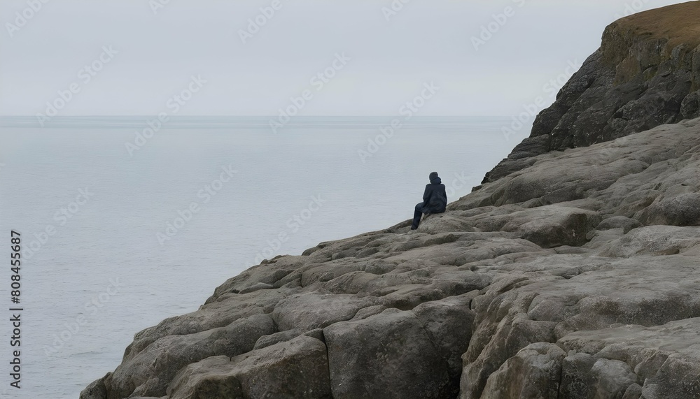 A solitary figure sitting on a rocky outcrop gazi upscaled 4