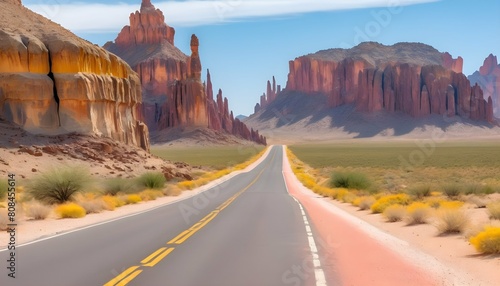 A remote desert road bordered by colorful rock for upscaled 4