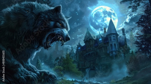 Werewolf growling in the moonlight over a full moon shining on a forest with a gothic house photo