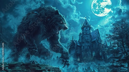 Werewolf growling in the moonlight over a full moon shining on a forest with a gothic house photo