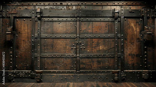 A wooden door with metal hinges and a metal lock