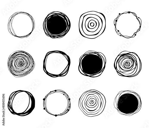 Set of hand drawn scribble circles. Black circular design elements on transparent background.