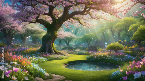 Beautiful enchanted landscape. Fantasy garden background. Magic meadow with spring blooming trees. Round frame with copy space in the middle