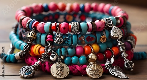 Stack of colorful bracelets adorned with charms 