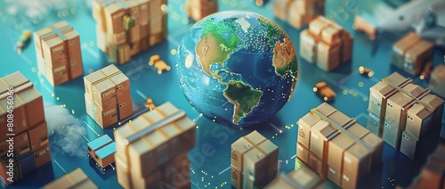 Worldwide logistics and transportation of goods by air, sea and road in the world on a blue background with cargo boxes around the globe in a 3D rendering.
