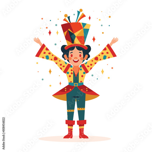 Excited clown performing birthday party, arms raised, joyous expression. Carnival character sporting colorful costume, confetti surrounds, cheerful entertainment. Performer delights children