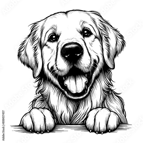 Cute Golden Retriever dog peeking, hand drawn sketch. Vector isolated on white background	