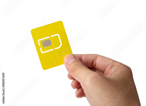 hand holding sim card mockup on white background