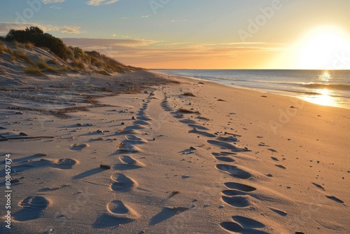 Footprints in the sand at sunset on a deserted beach