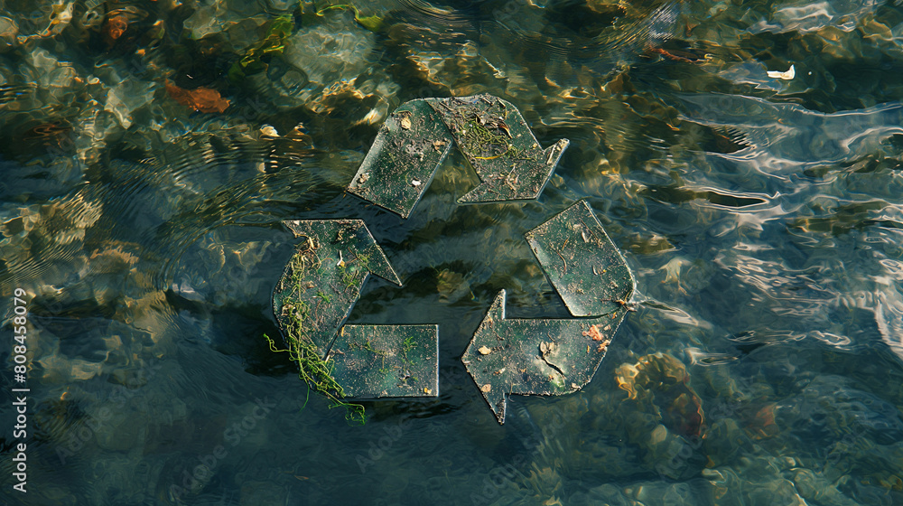 A picture of a recycling symbol in a body of water