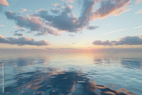Serene sunset over calm ocean with pastel clouds