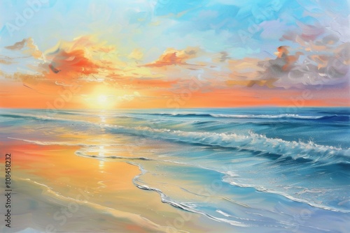 Vibrant sunset over ocean waves in impressionist painting