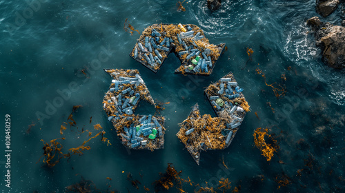 A recycling symbol made of plastic bottles floating in the ocean