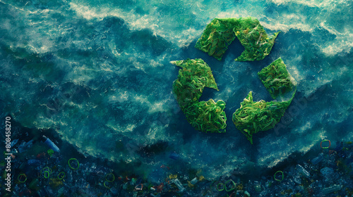 A green recycling symbol is floating on the ocean photo