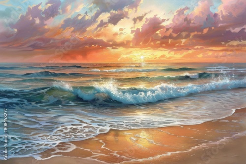 Vibrant sunset over ocean waves in impressionist painting