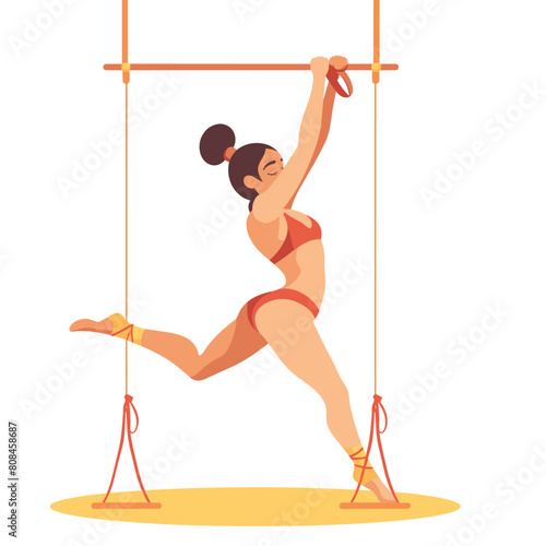 Female trapeze artist performing gymnastics aerial hoop, wearing red costume, active circus performer, elegant pose. Talented woman circus acrobat training lyra, artistic sport, concentration