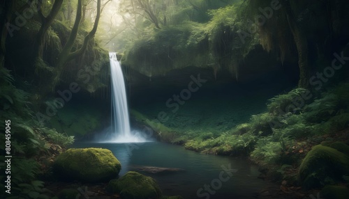 A hidden waterfall nestled deep in a mystical fore upscaled 2 photo