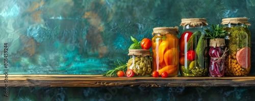 A variety of pickled vegetables in glass jars on a wooden shelf against a dark blue background.