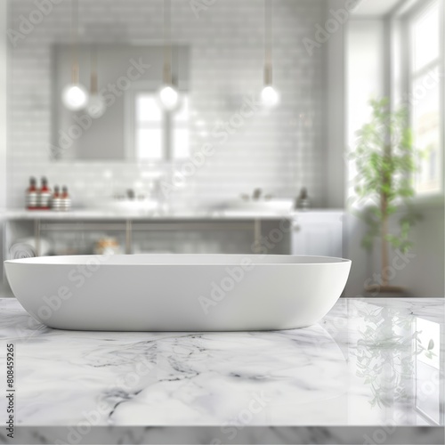white bathroom interior with marble bath tub