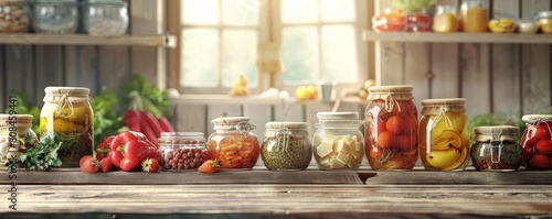 A variety of colorful and delicious canned goods and fresh produce sit on a wooden table in a rustic kitchen. photo