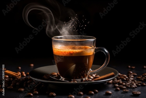 Fresh coffee served in glass cup on dark background