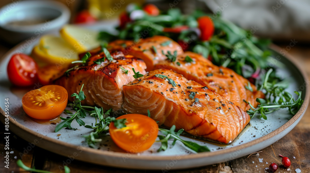 Succulent Grilled Salmon Steaks with Fresh Greens Succulent Grilled Salmon Steaks with Fresh Greens