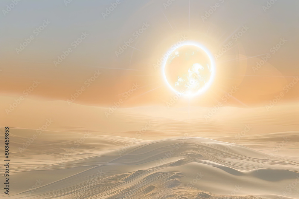 Sun at zenith creating a mirage effect over sandy desert dunes, with intense heat distorting the air and surreal lighting.