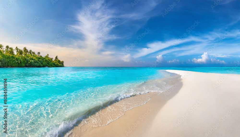 Beautiful sandy beach with white sand and rolling calm wave of turquoise ocean on Sunny day Beautiful sandy beach with white sand and rolling calm wave of turquoise ocean on Sunny day