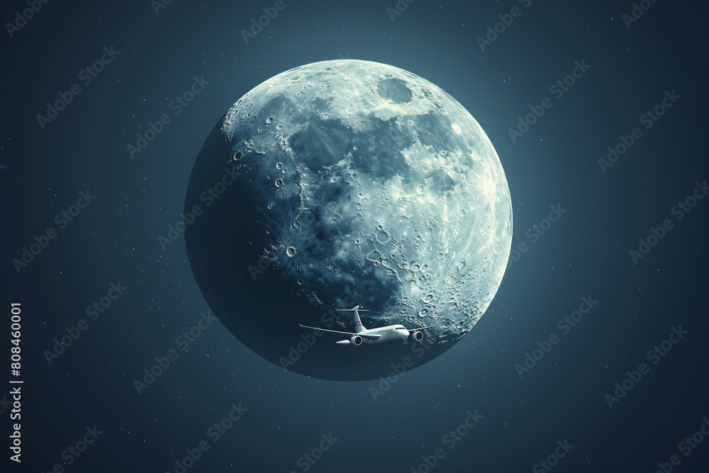 Obraz premium Moon in the night with airplane that flying across 