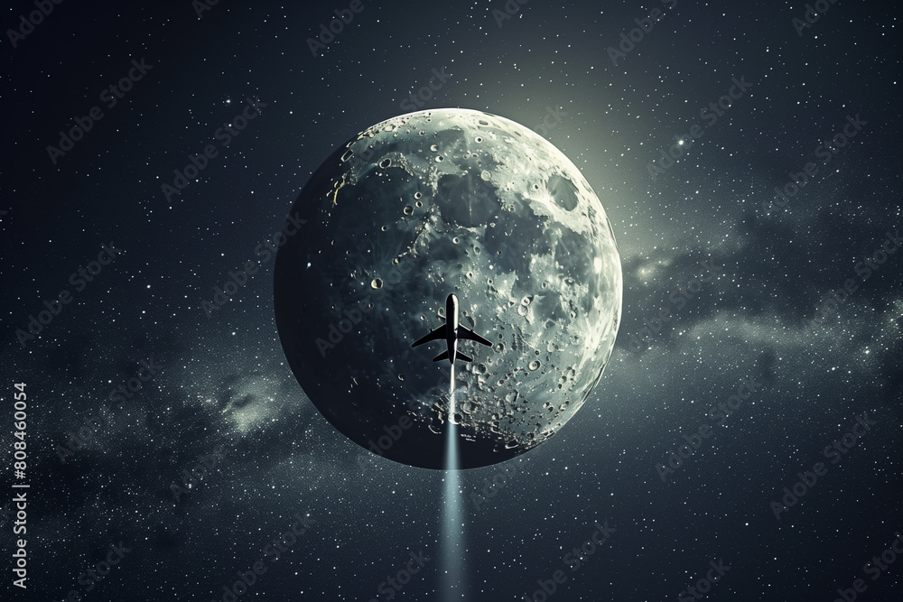 Fototapeta premium Moon in the night with airplane that flying across 